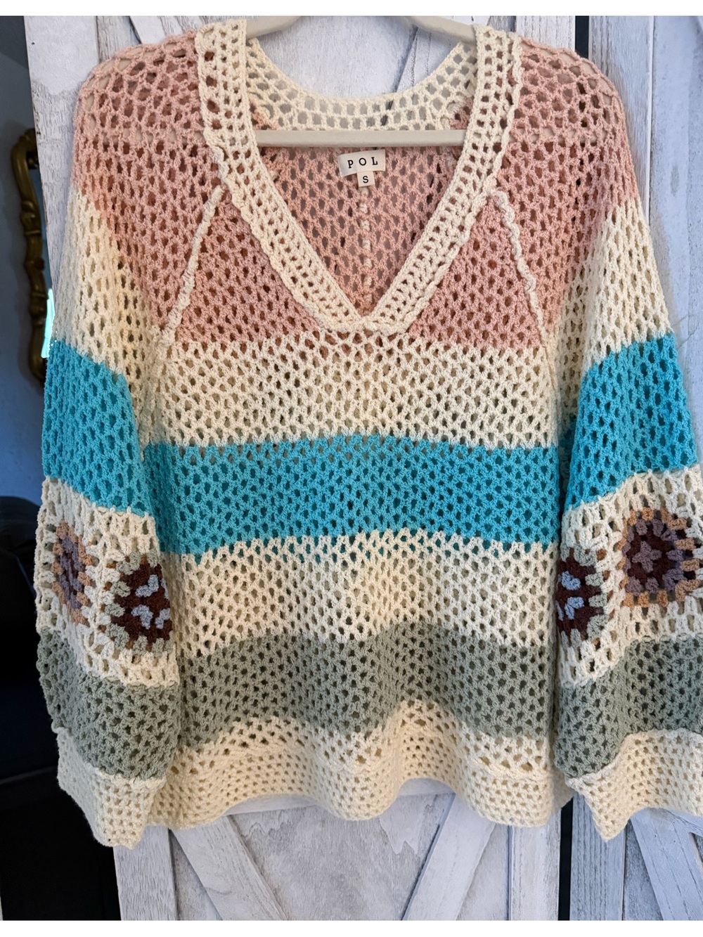 POL from Anthropologie Crochet V-Neck Stripe Sweater in Cream, Pink & Blue! New!